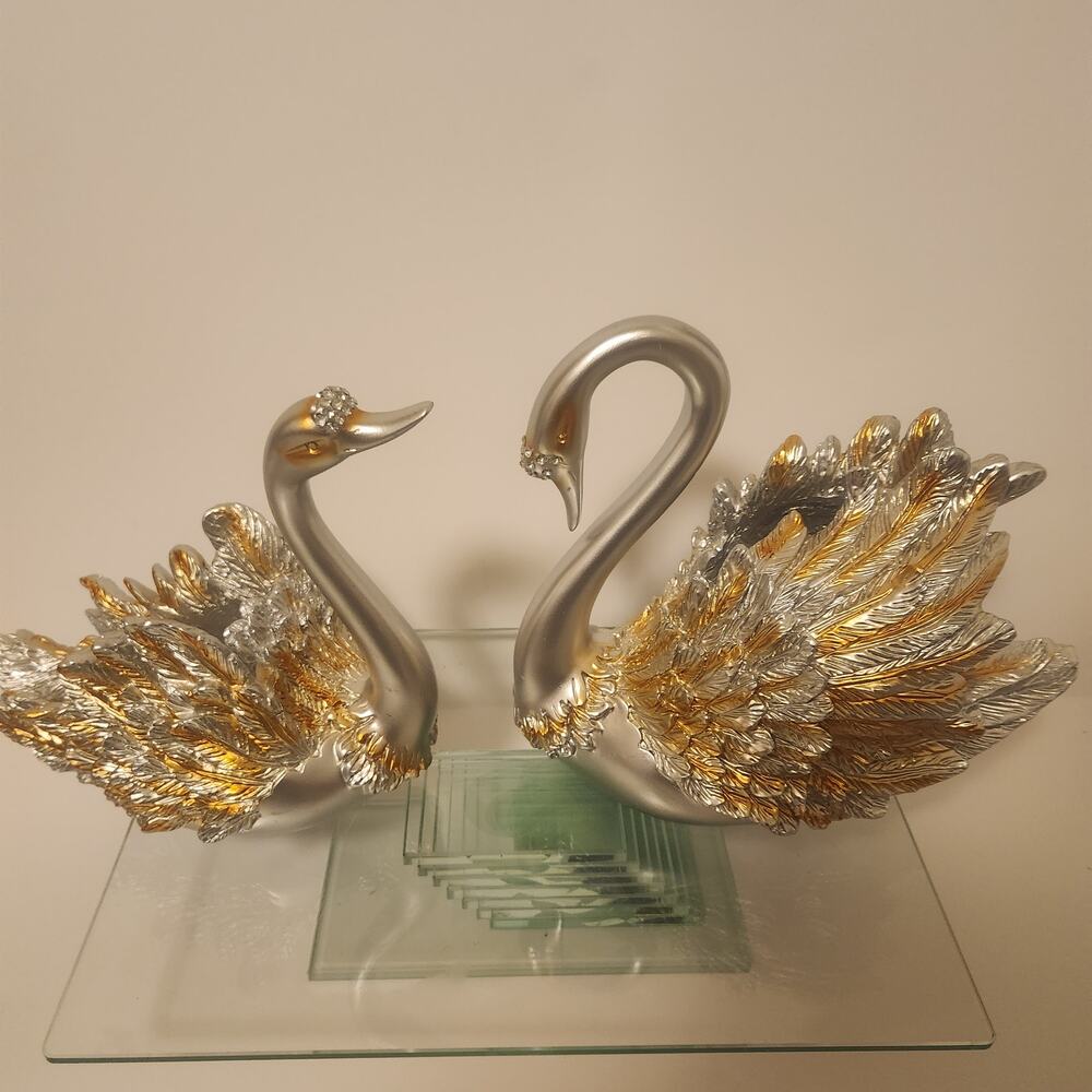 Set of 2 Swan Sculptures Silver Gold Rhinestone